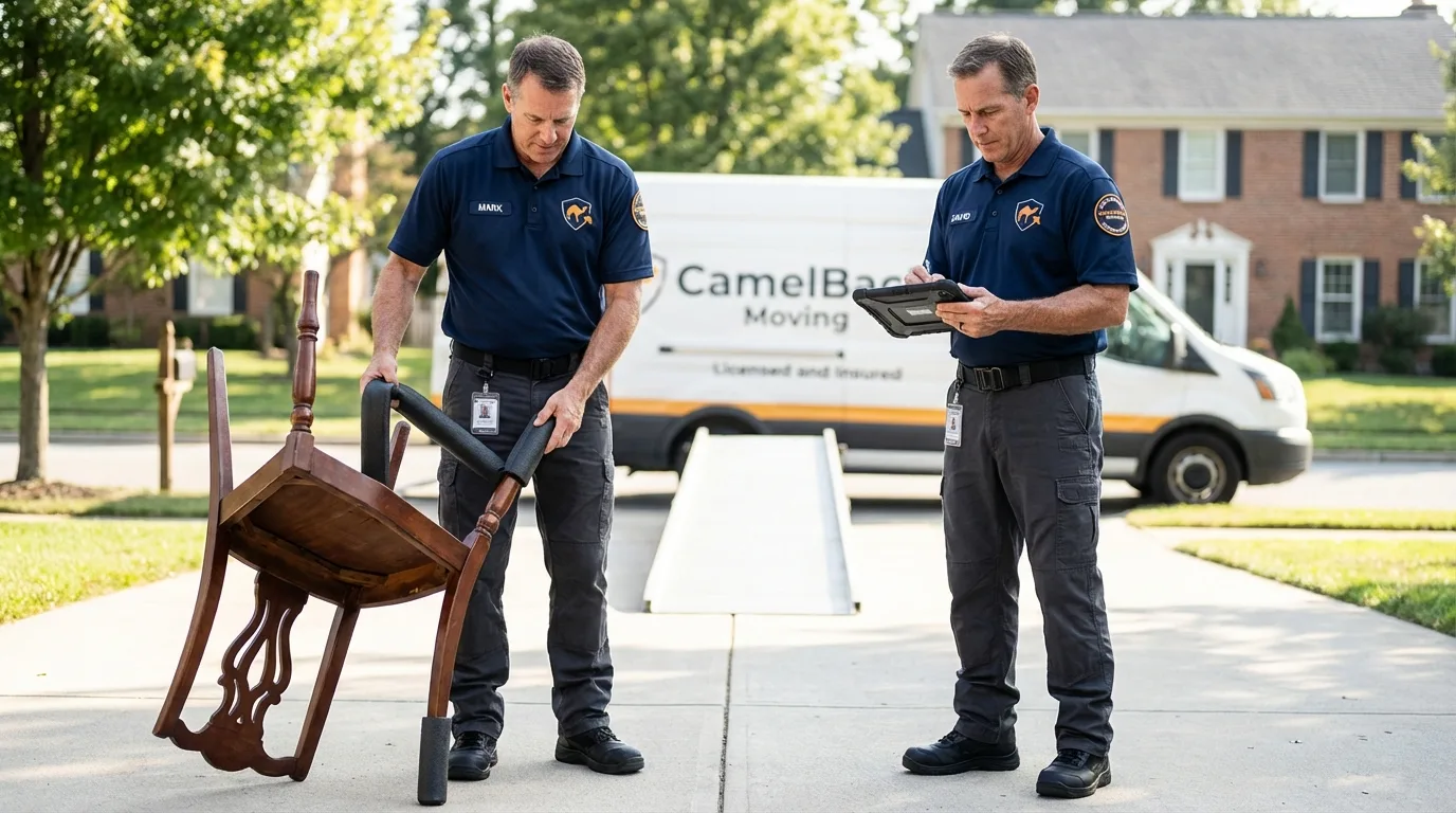 Movers inspecting furniture for damage prevention before loading in Brookville, PA