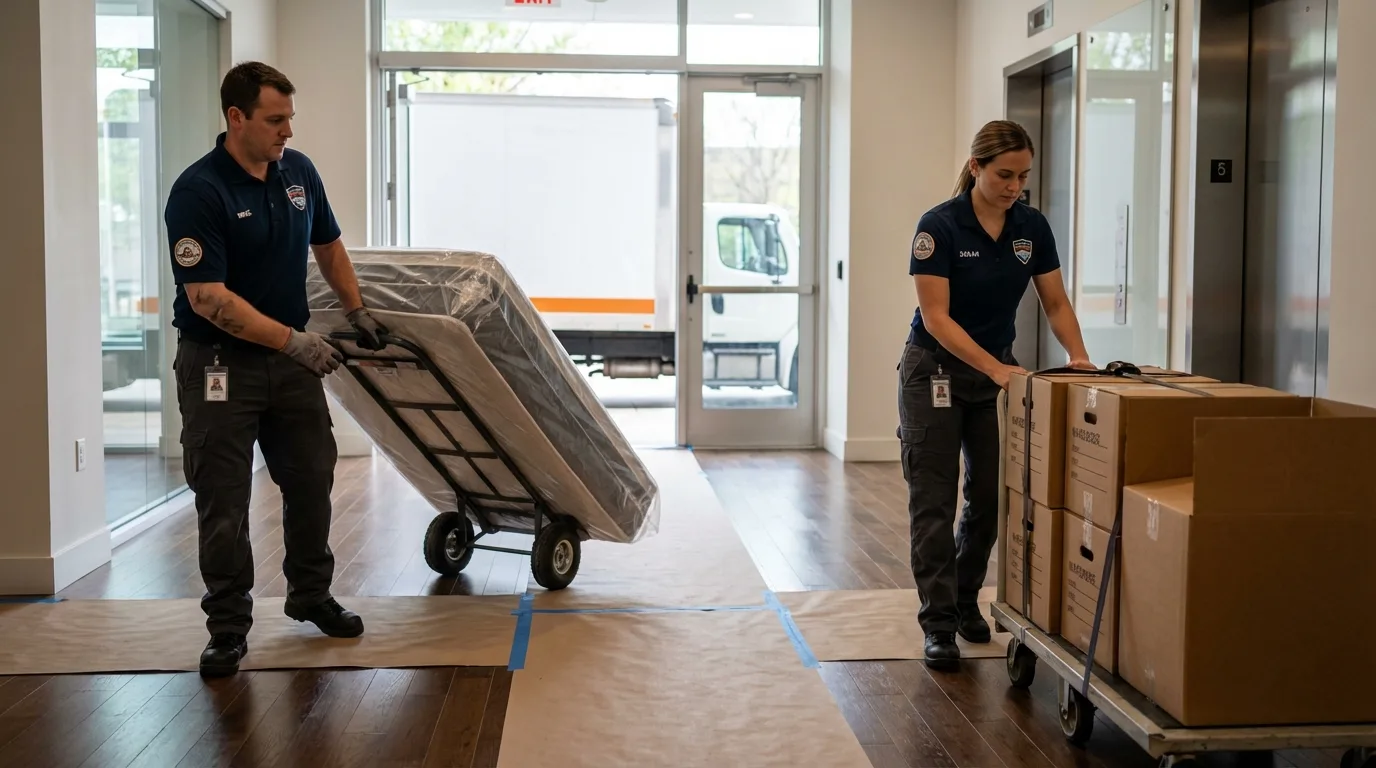 Professional apartment movers loading elevator in Brookville, PA