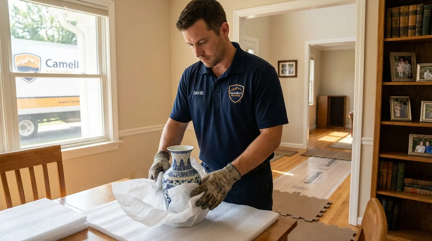 Professional crew carefully wrapping antique vase for senior downsizing move in Brookville, PA